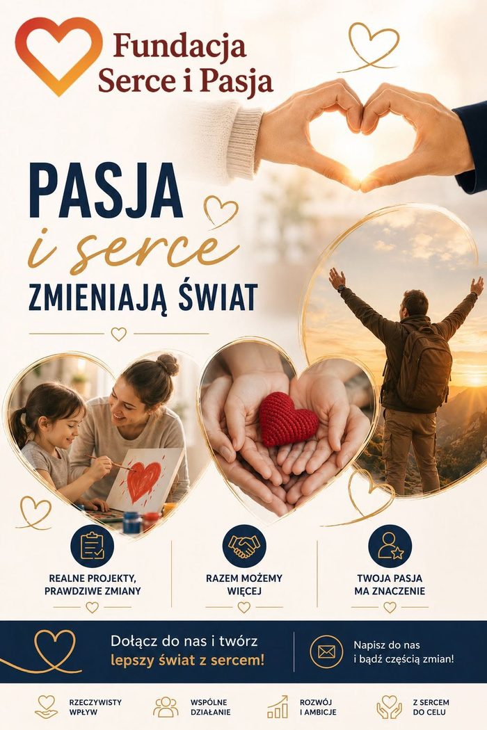 Pasja i serce zmieniają świat, grafika zaproszenia do współpracy z Fundacją Serce i Pasja